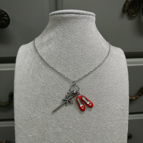 Magic Wand & Ruby Red Slippers Charm Necklace Adjustable Stainless-Steel Chain - Picture 2 of 6